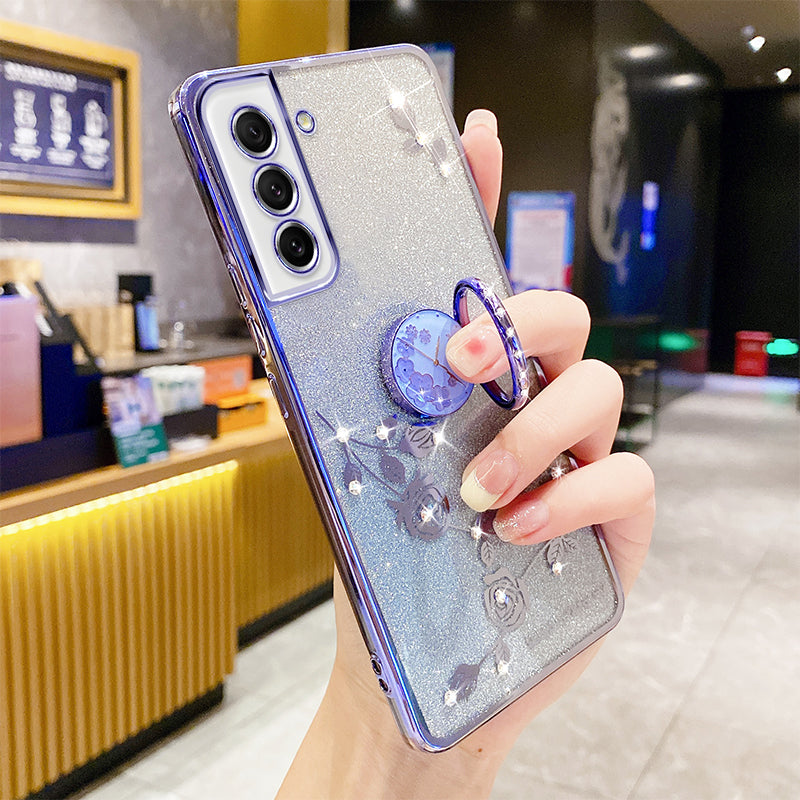 Pro Samsung Galaxy S21 FE 5G Gradient třpytivé pouzdro na telefon s kroužkovým stojánkem květinovým vzorem s drahokamenovým dekorem měkký TPU kryt nárazníku proti pádu Pro Samsung Galaxy S21 FE 5G Gradient třpytivé pouzdro na telefon s kroužkovým stojánkem květinovým vzorem s drahokamenovým dekorem měkký TPU kryt nárazníku proti pádu